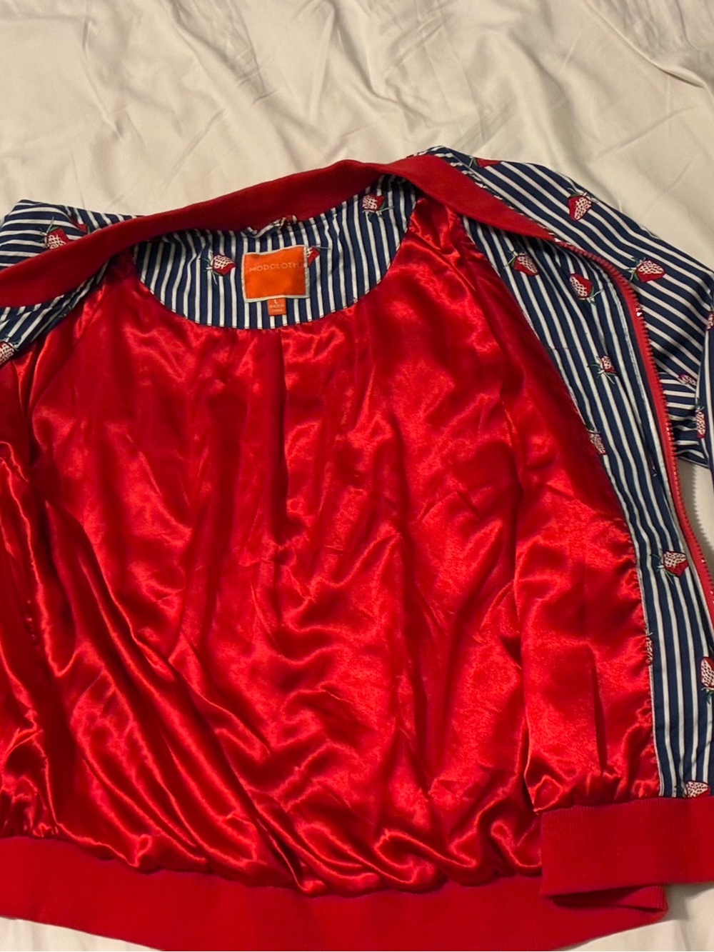 ModCloth Navy & Red Striped Bomber Jacket with Strawberry Print - Picture 2 of 6